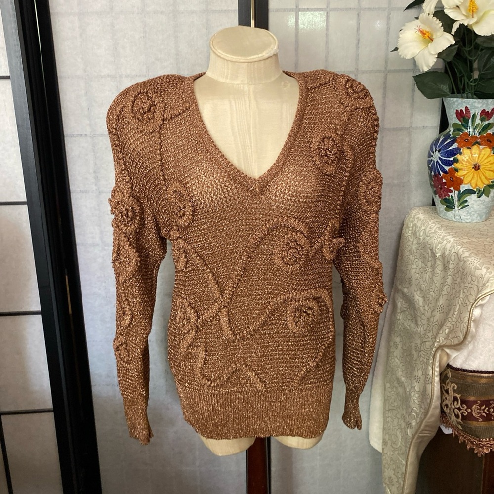 Suzelle Women S V-Neck Textured Floral Sweater in Copper Brown VTG 80s